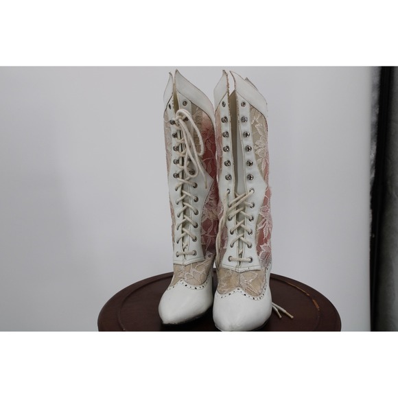 Victorian Lace Up Mid Calf Boots Womens Size 4 White Pink Lace Heels Costume - Picture 1 of 8
